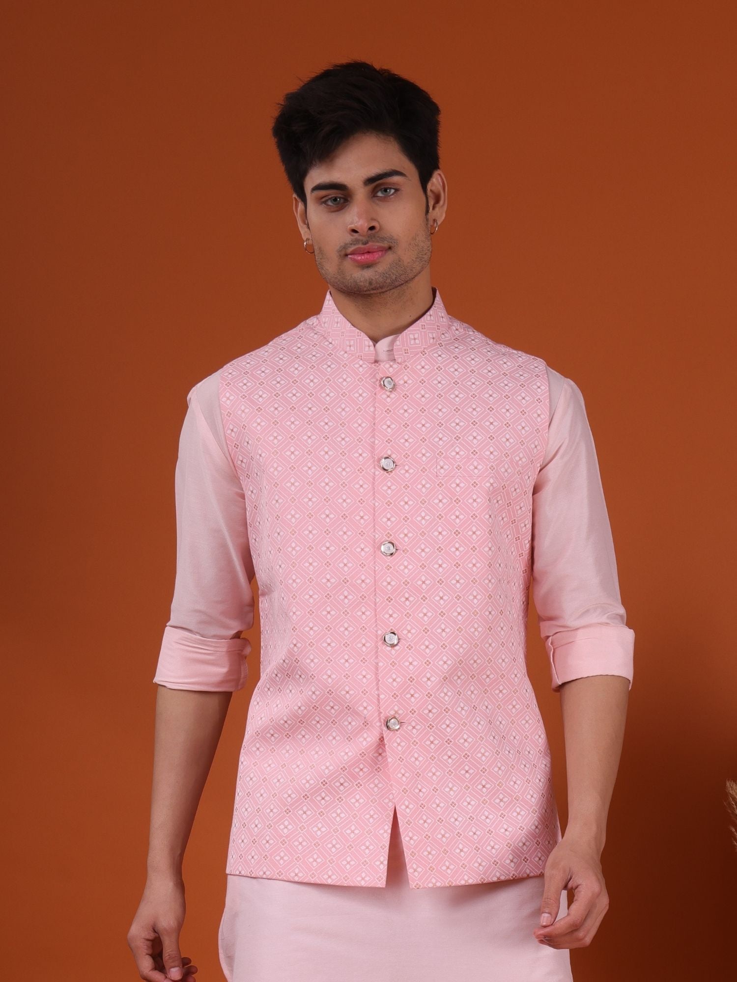 Persion Pink Solid Pattern Cotton Silk Kurta Jacket Set