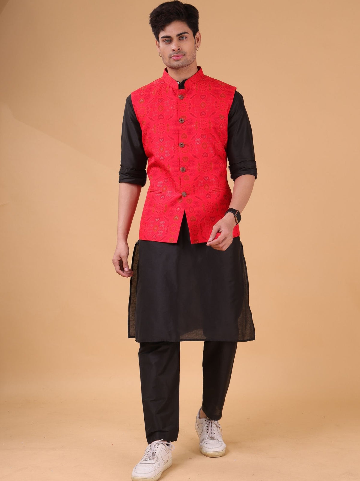 Jade Black Solid Pattern Cotton Silk Kurta Jacket Set