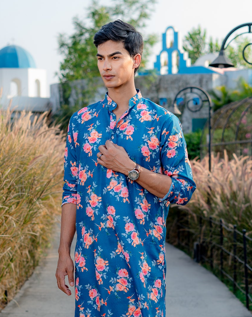 Ocean Blue Floral Printed Cotton Kurta