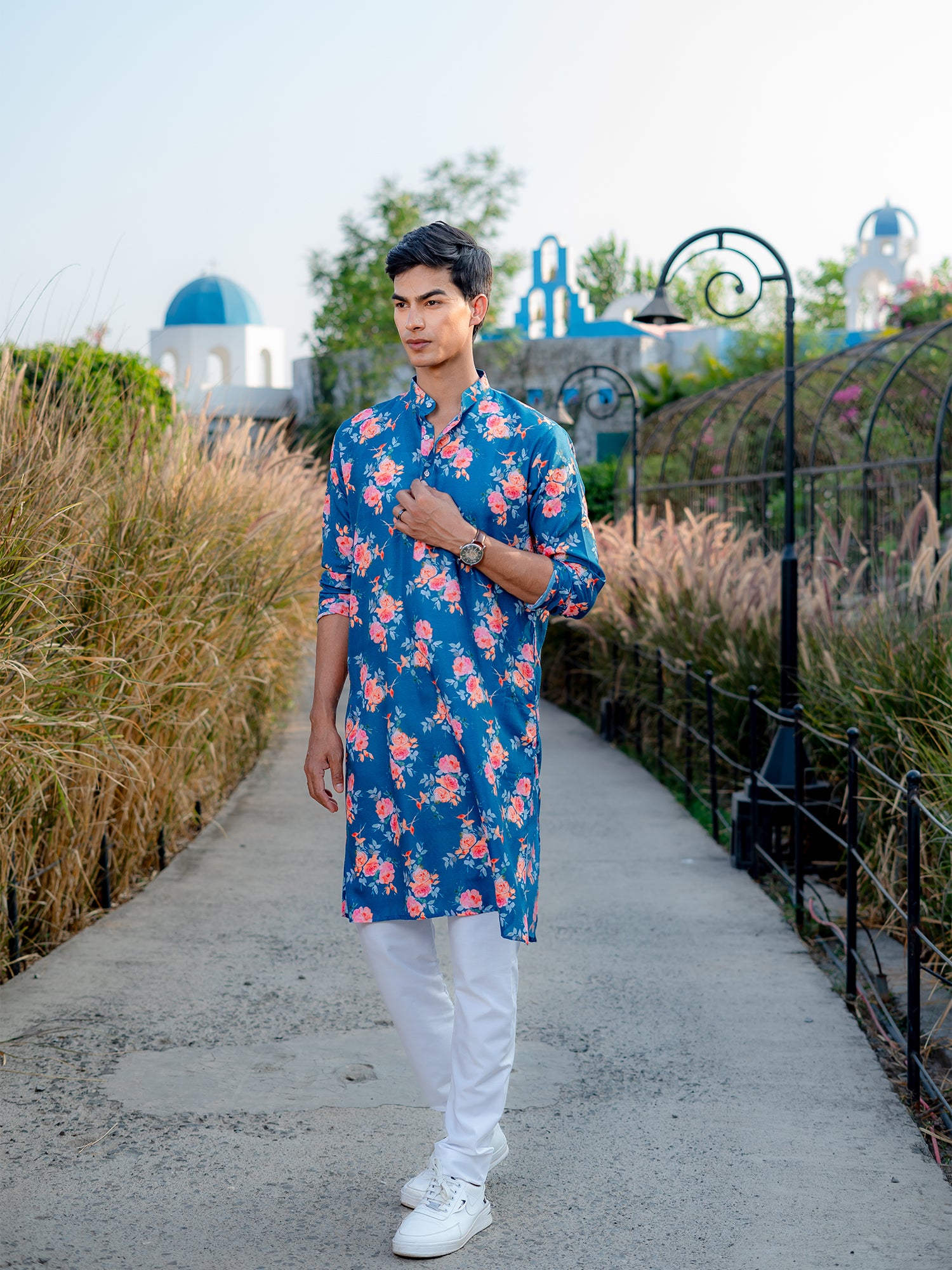 Ocean Blue Floral Printed Cotton Kurta