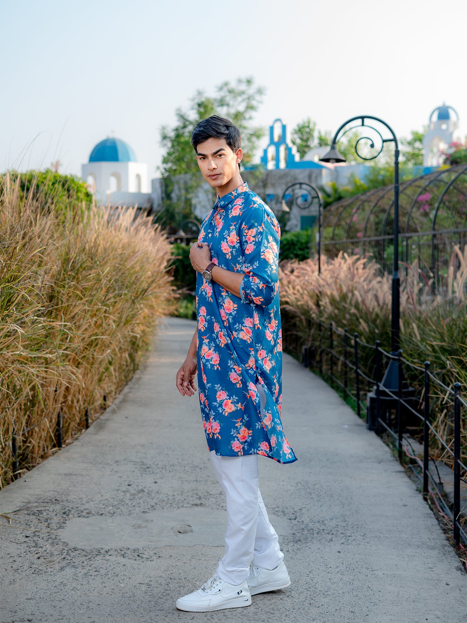 Ocean Blue Floral Printed Cotton Kurta