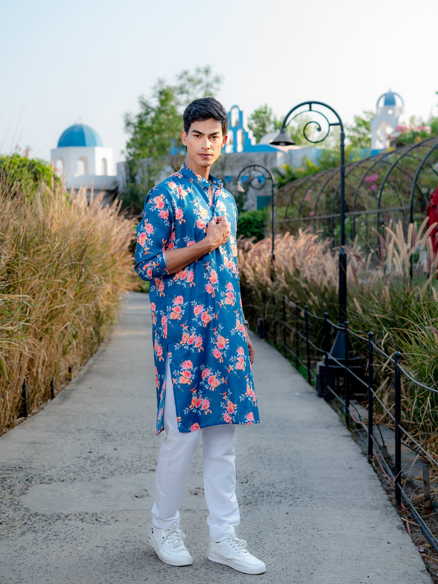 Ocean Blue Floral Printed Cotton Kurta