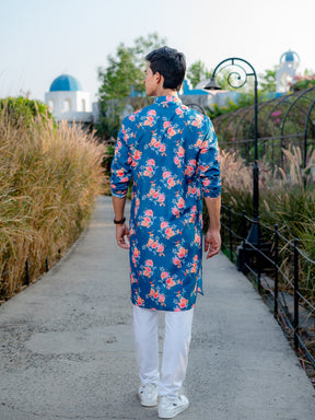 Ocean Blue Floral Printed Cotton Kurta