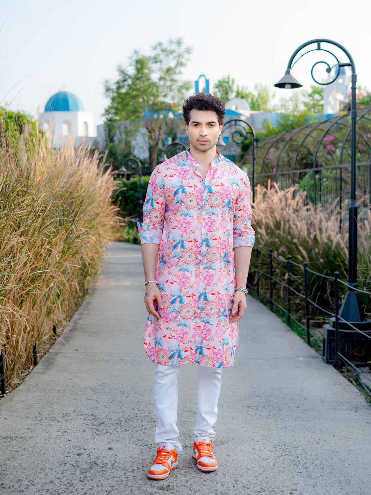 Peach Floral Printed Cotton Kurta