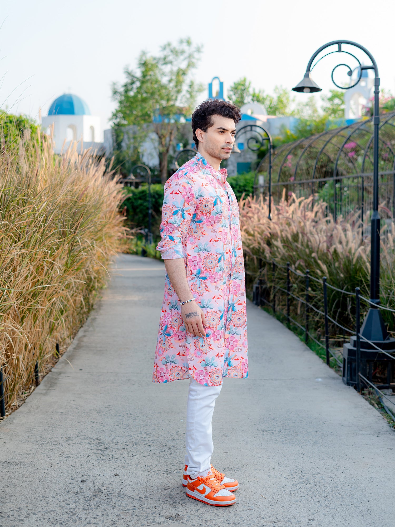 Peach Floral Printed Cotton Kurta