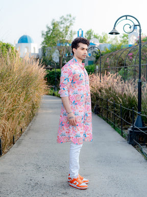 Peach Floral Printed Cotton Kurta