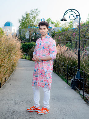 Peach Floral Printed Cotton Kurta