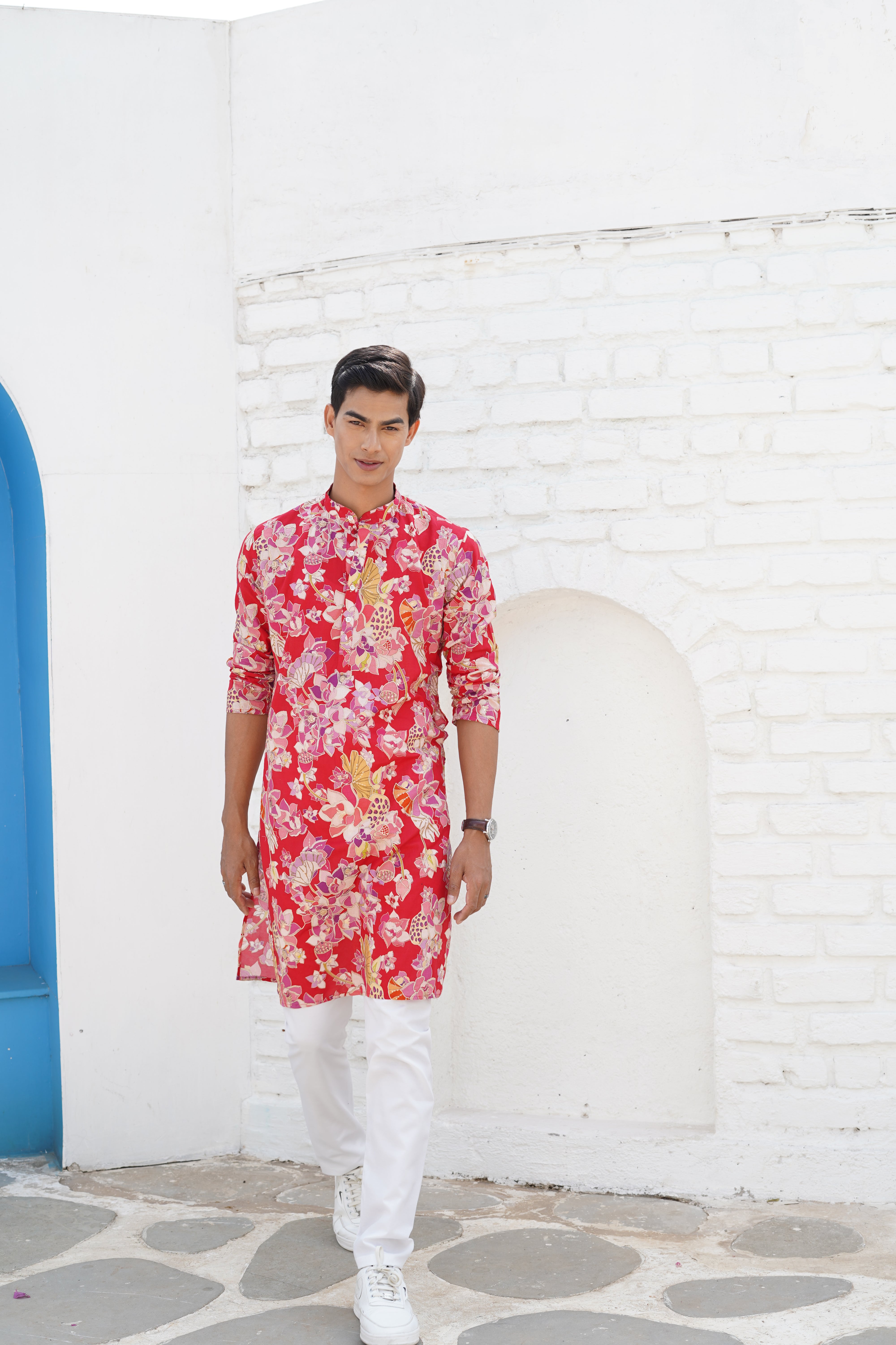 Crimson Red Floral Printed Cotton Kurta