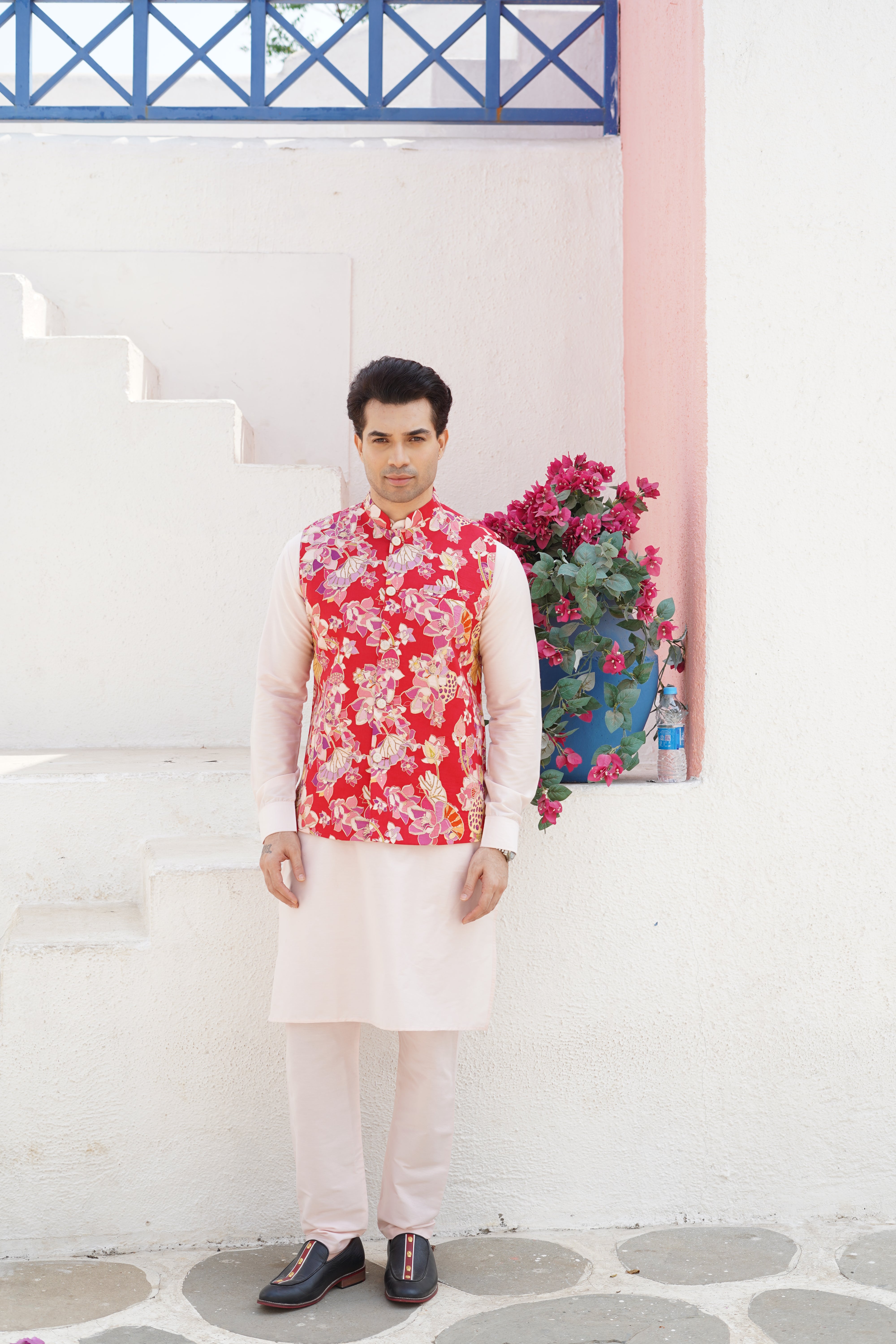 Crimosn Red Floral Printed Nehru Jacket