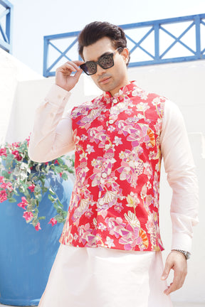 Crimosn Red Floral Printed Nehru Jacket