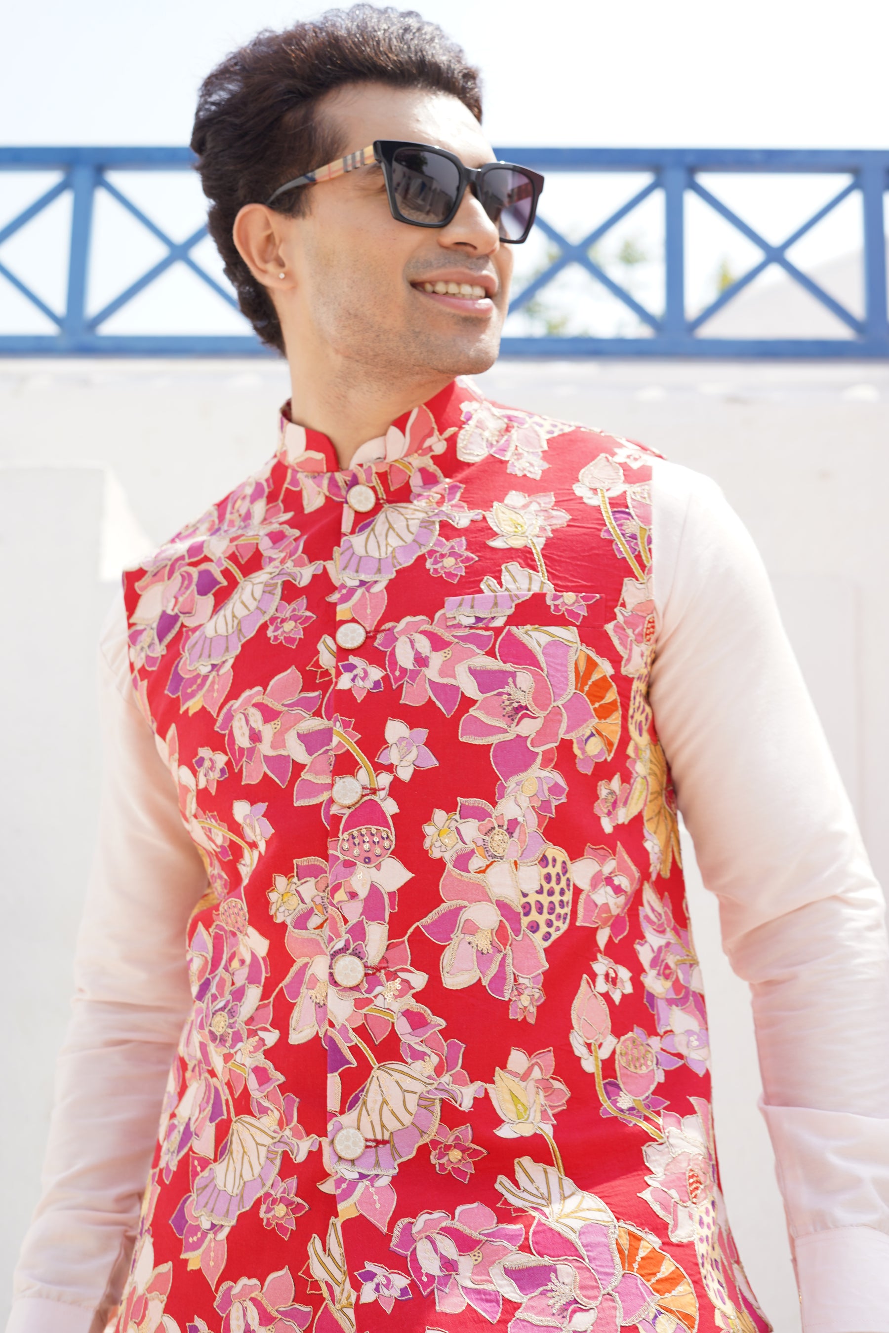 Crimosn Red Floral Printed Nehru Jacket