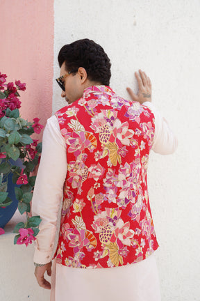 Crimosn Red Floral Printed Nehru Jacket