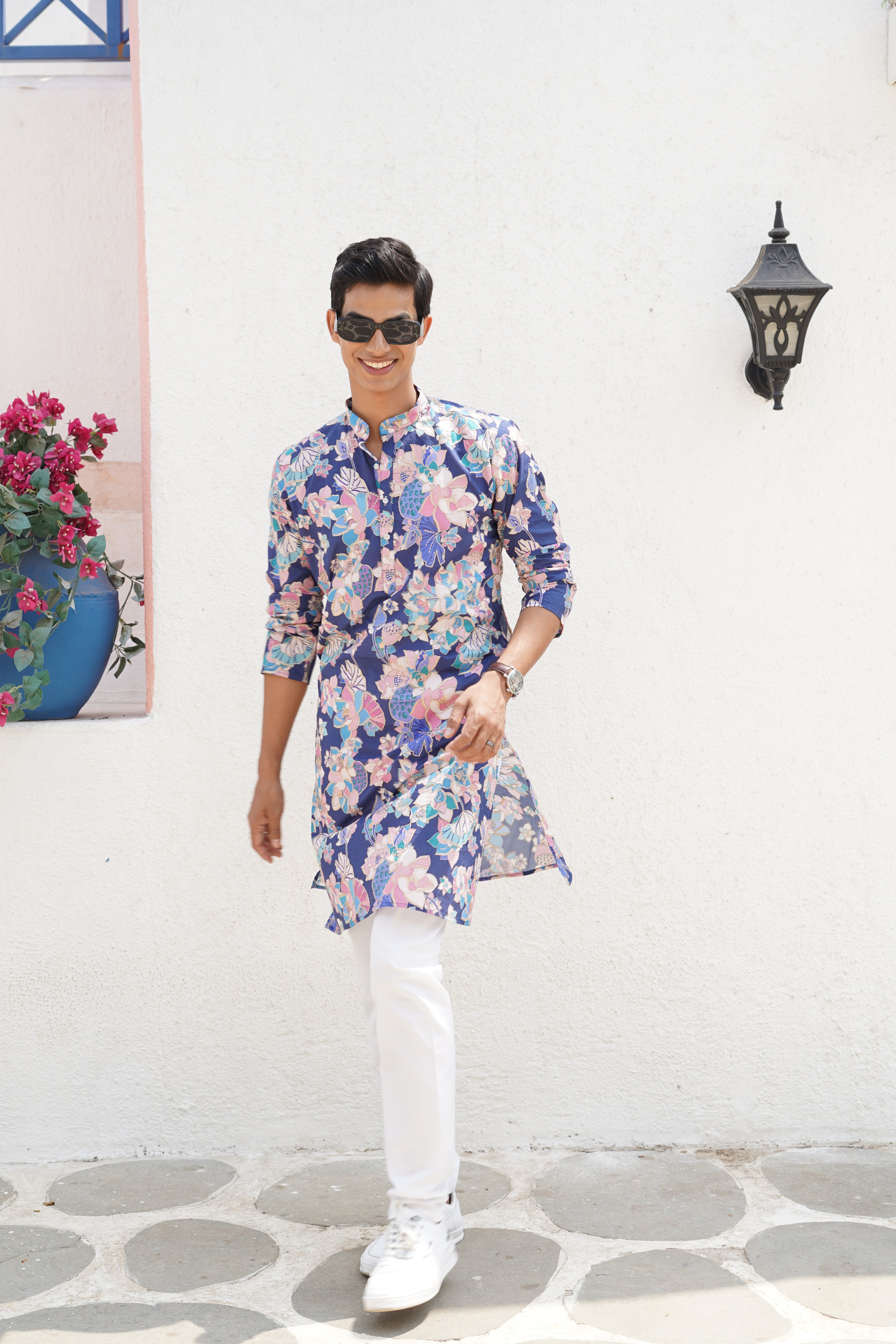 Azure Blue Floral Printed Cotton Kurta