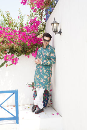 Forest Green Floral Printed Cotton Kurta