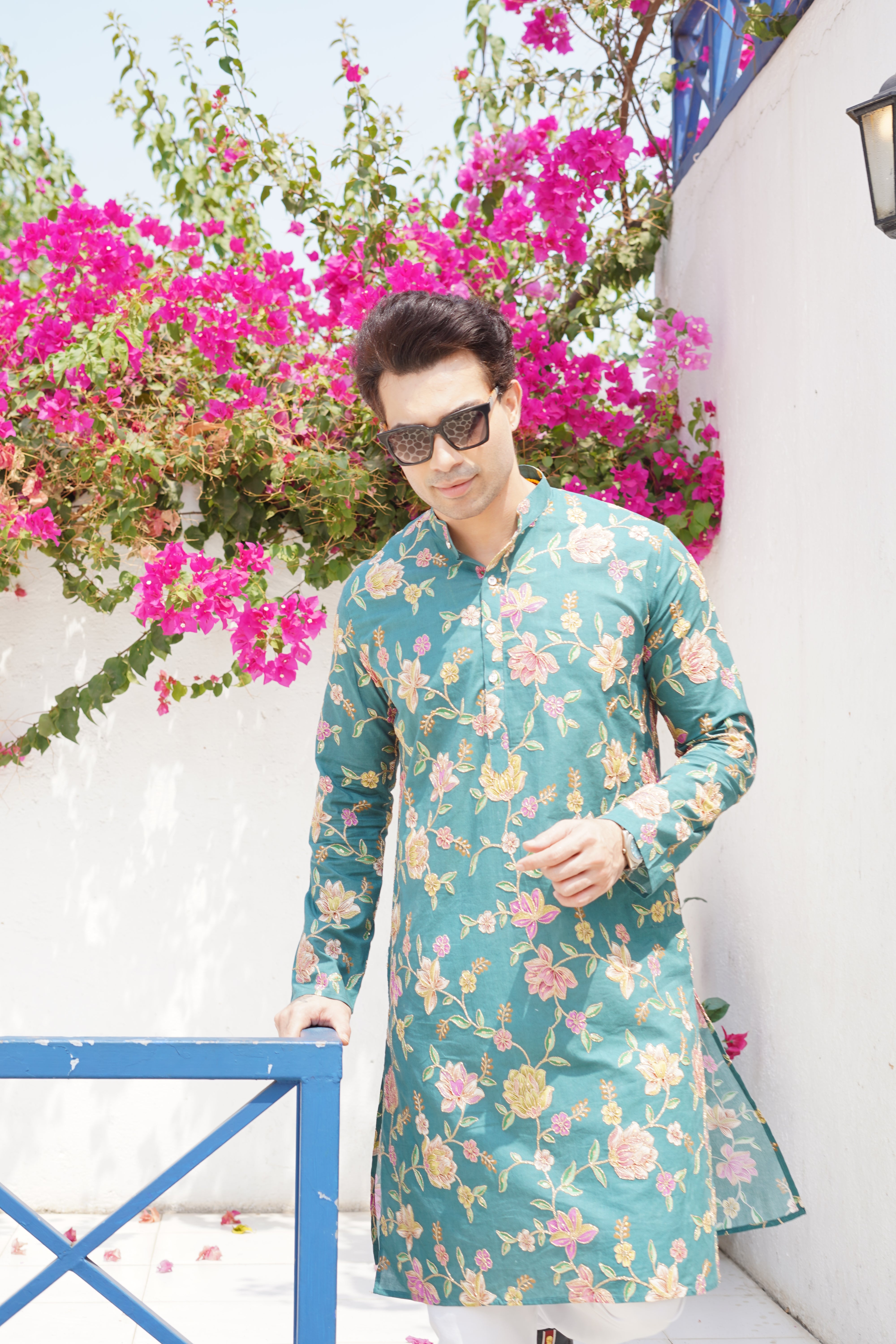 Forest Green Floral Printed Cotton Kurta