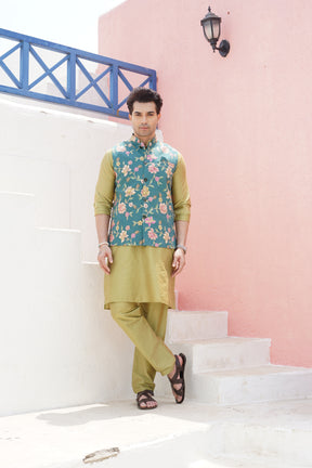 Forest Green Printed Nehru Jacket