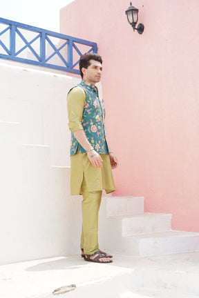 Forest Green Printed Nehru Jacket