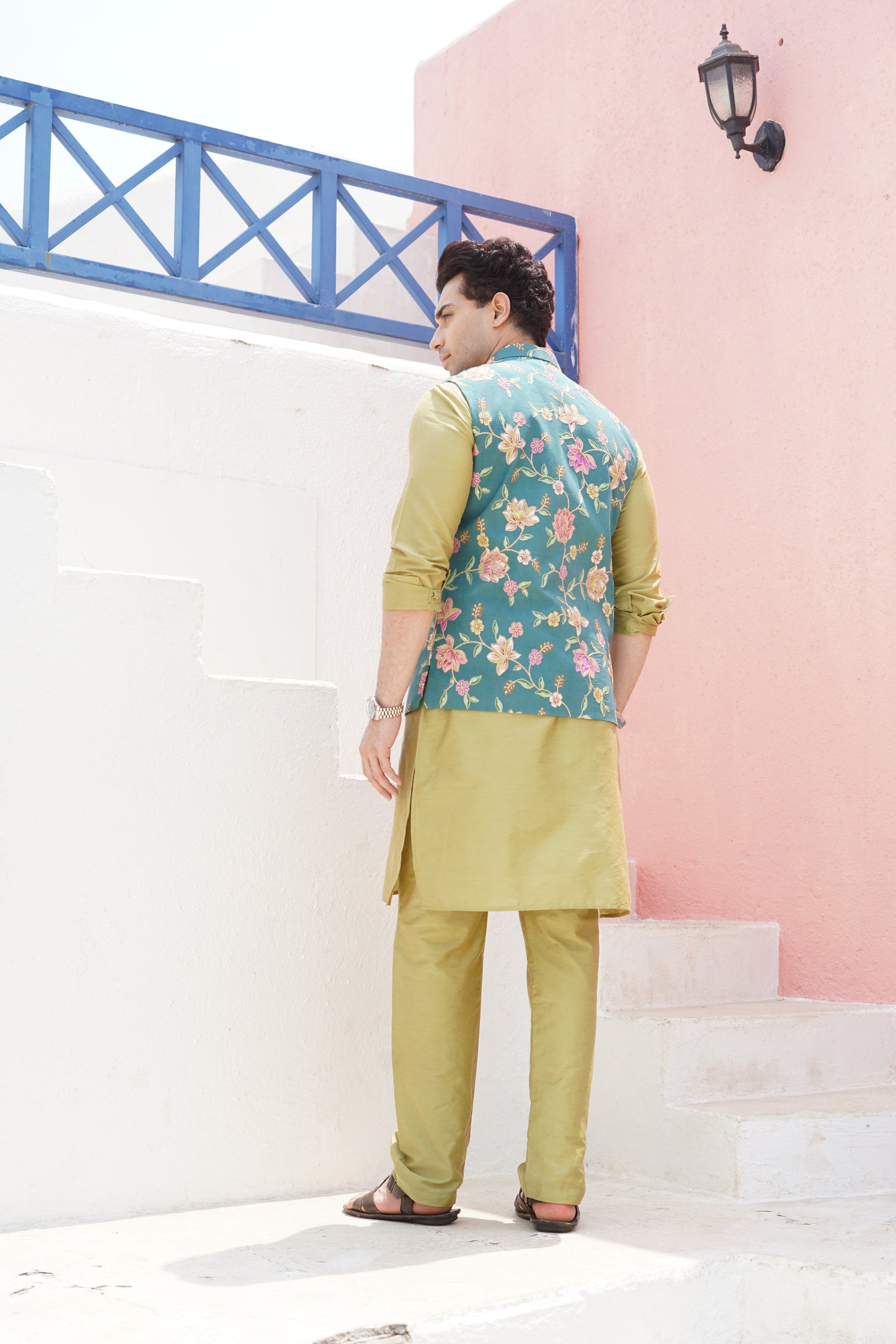 Forest Green Printed Nehru Jacket