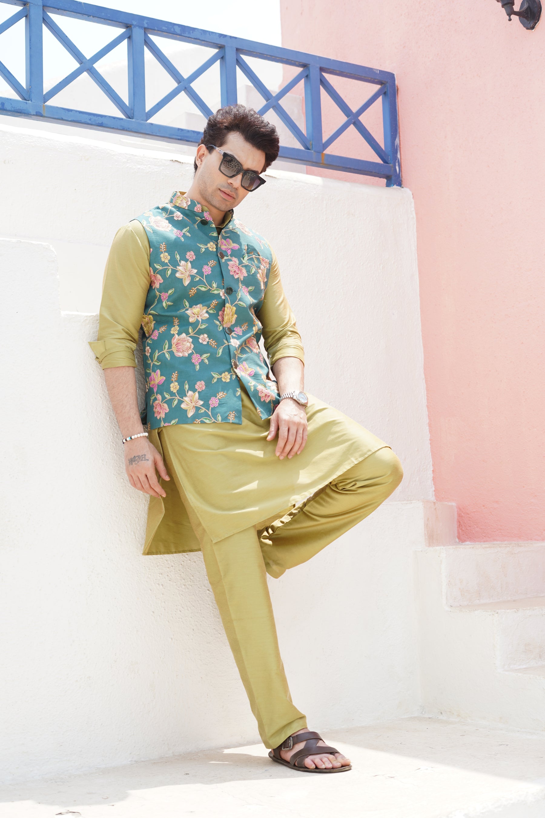 Forest Green Printed Nehru Jacket