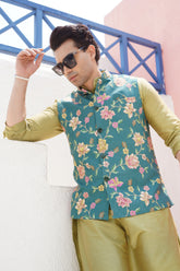 Forest Green Printed Nehru Jacket