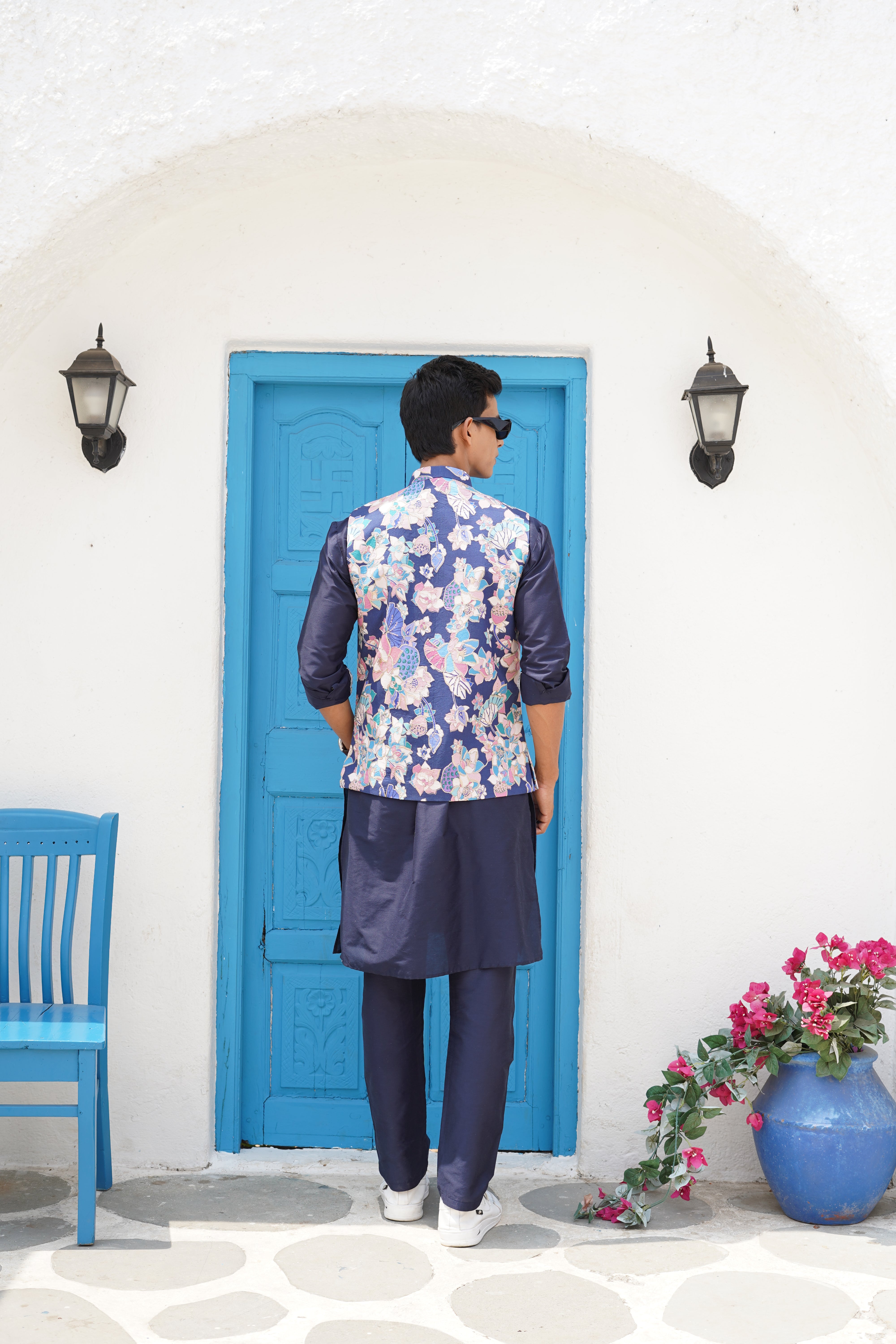 Azure Blue  Solid Pattern Cotton Kurta Jacket Set