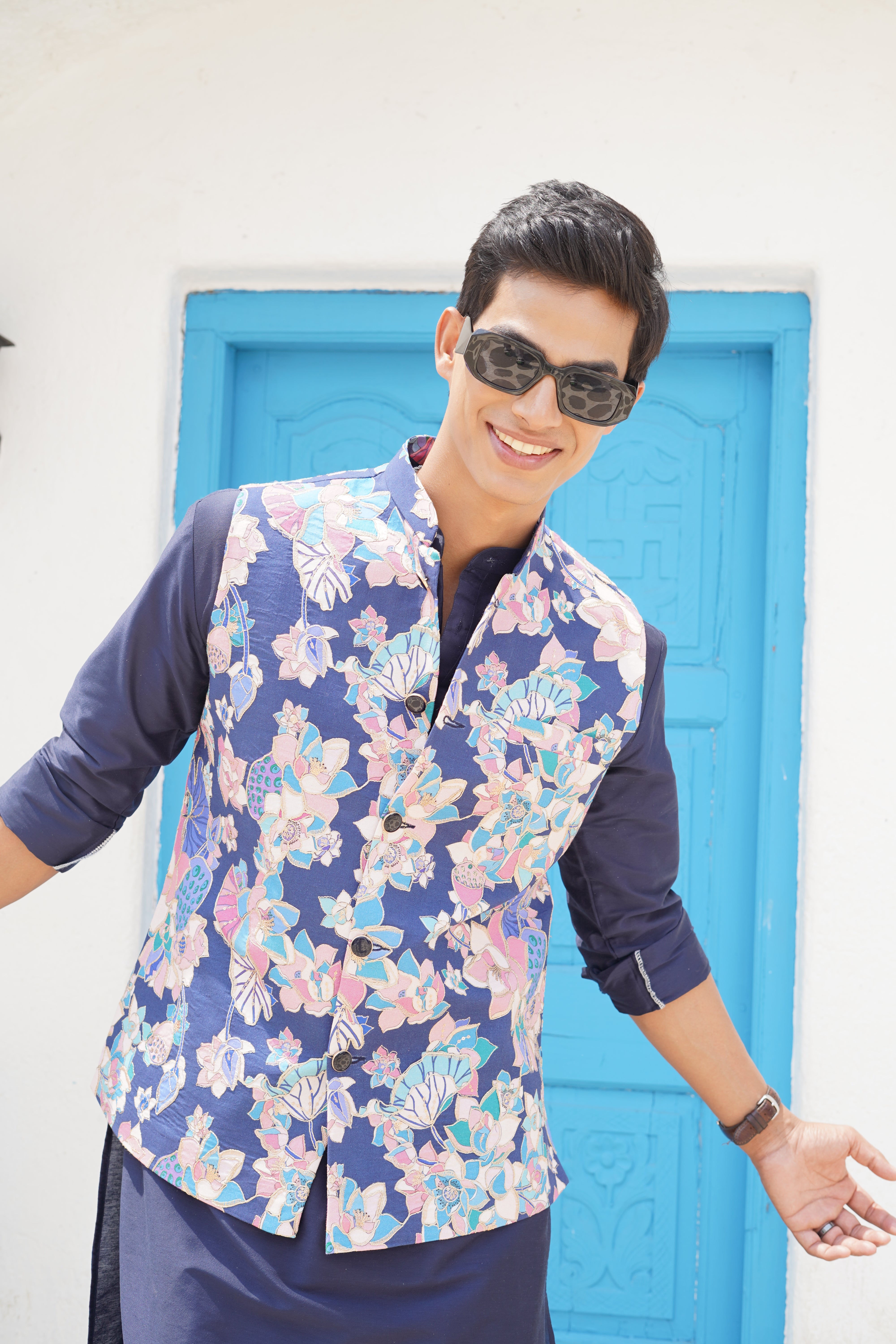 Azure Blue  Solid Pattern Cotton Kurta Jacket Set