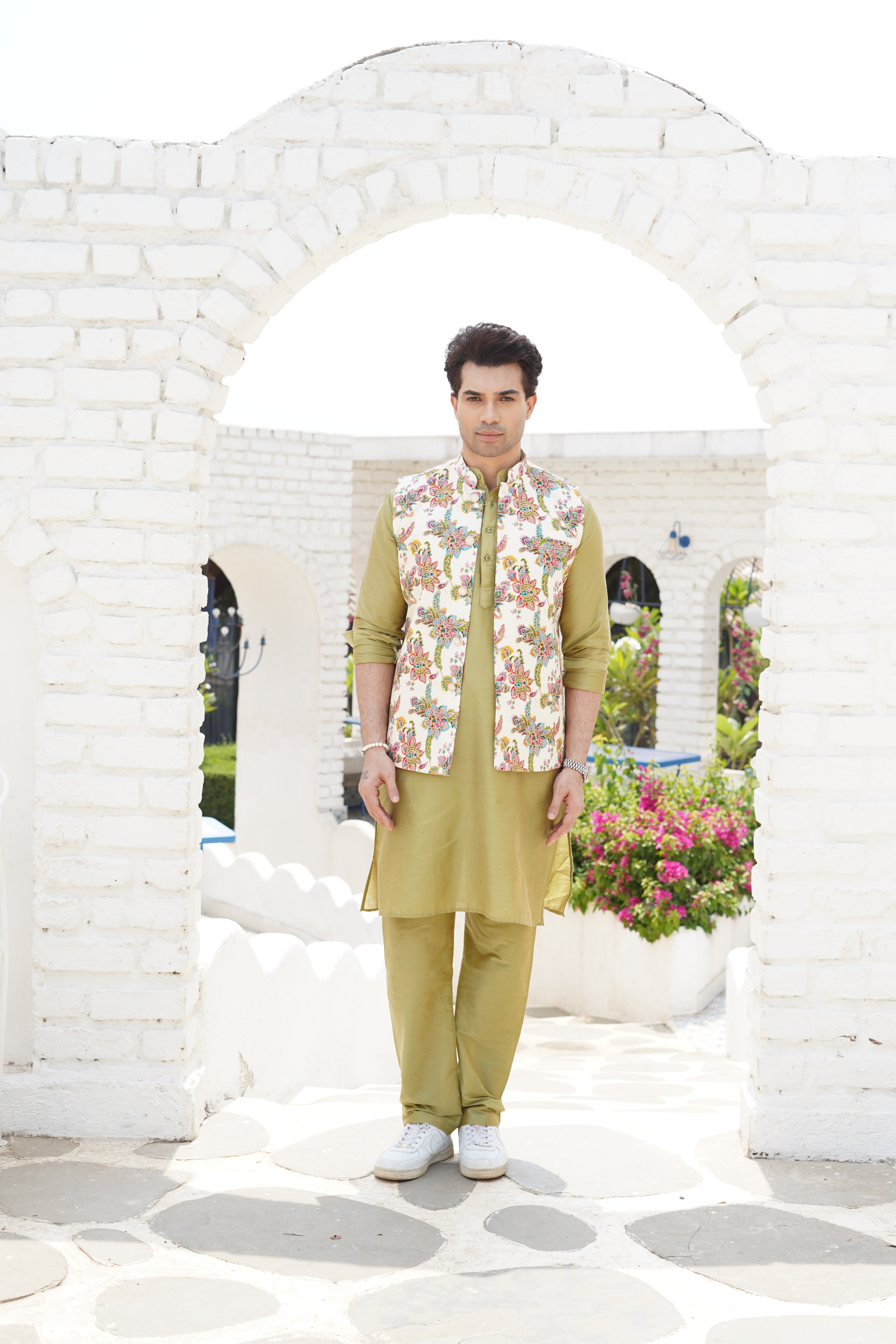 Butter Cream  Solid Pattern Cotton Kurta Jacket Set