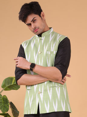 Tropical Green Linen Cotton Nehru Jacket