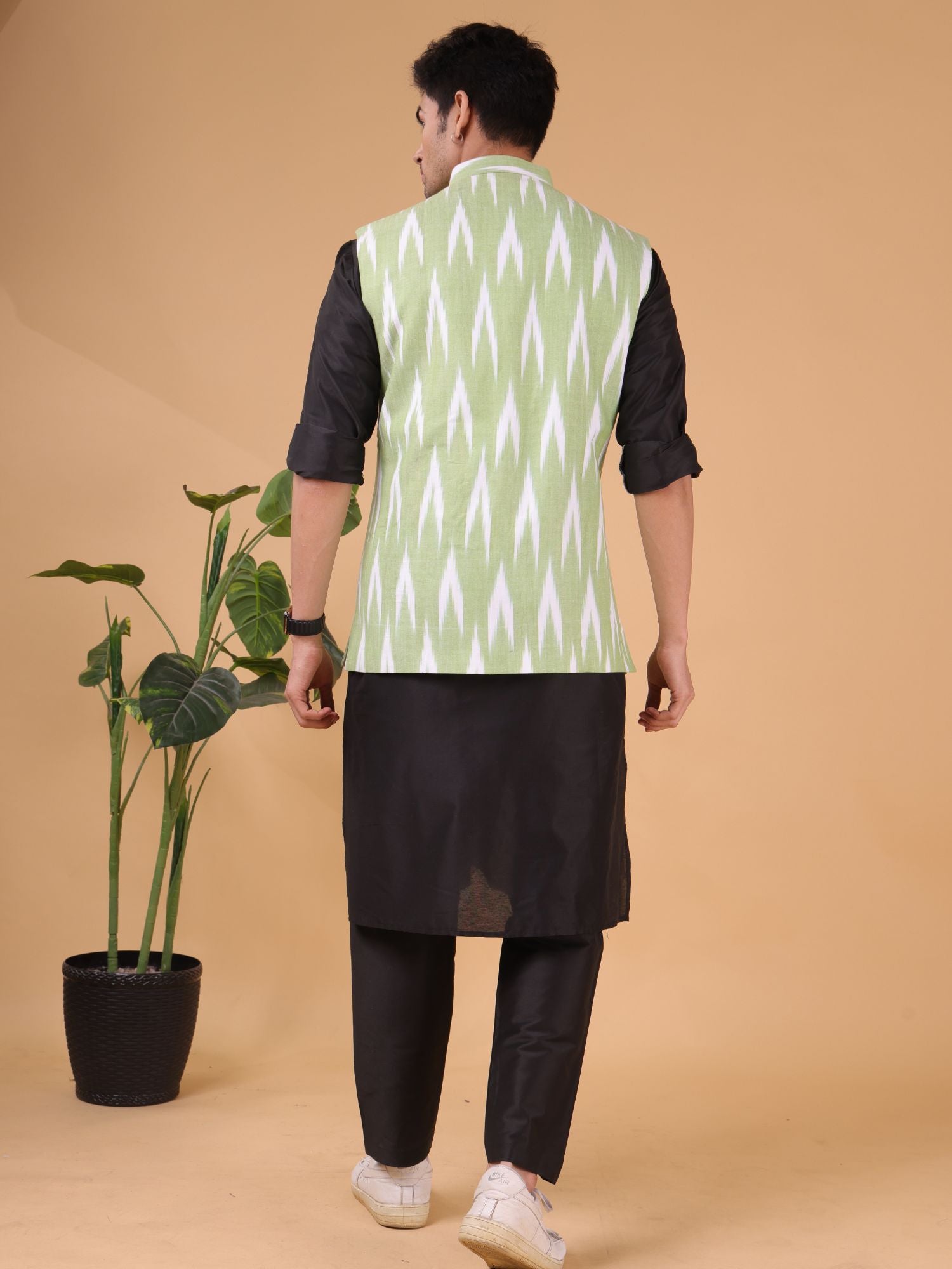 Tropical Green Linen Cotton Nehru Jacket