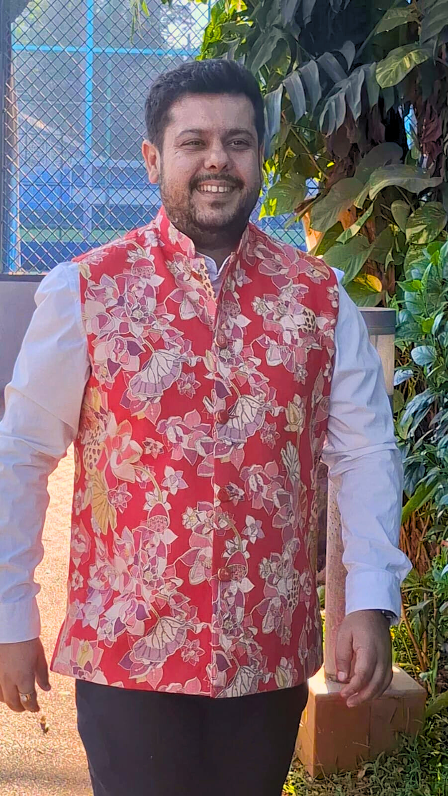 Crimosn Red Floral Printed Nehru Jacket