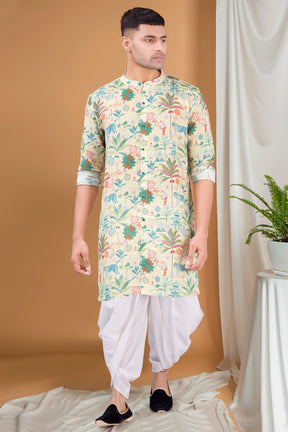 Shine Of Yellow Tropical Paradise Cotton Kurta Peshawari Set