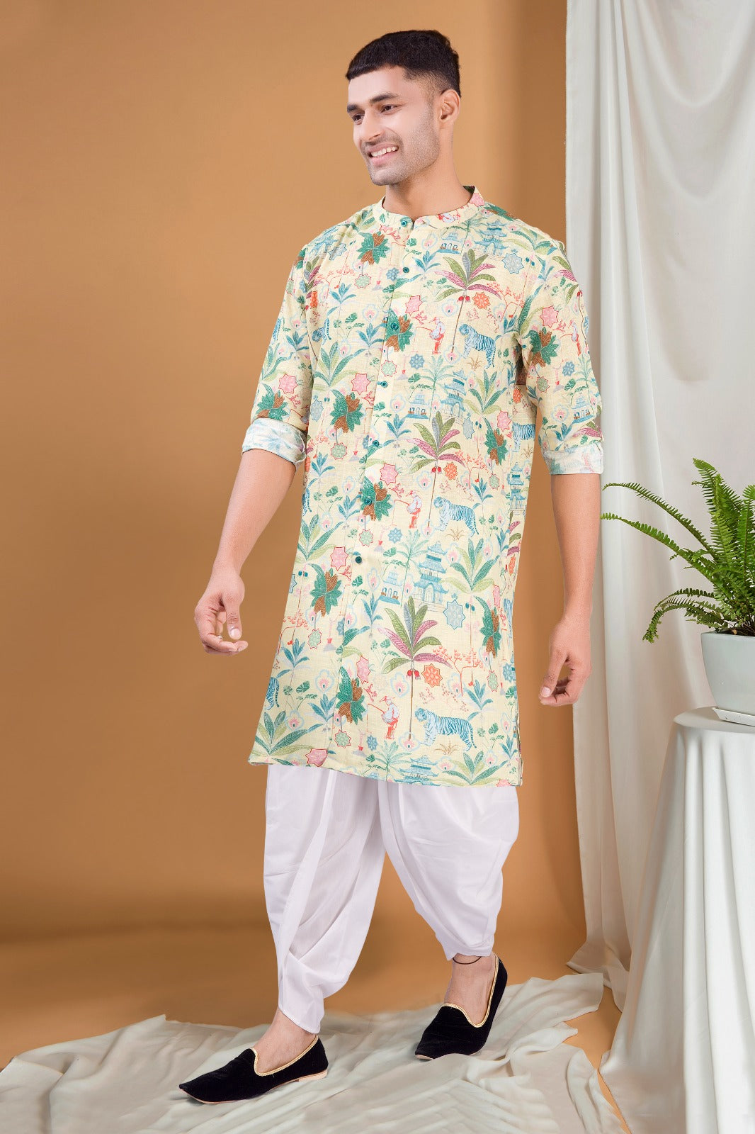 Shine Of Yellow Tropical Paradise Cotton Kurta Peshawari Set