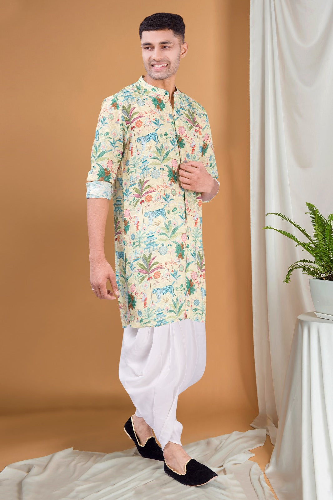 Shine Of Yellow Tropical Paradise Cotton Kurta Peshawari Set