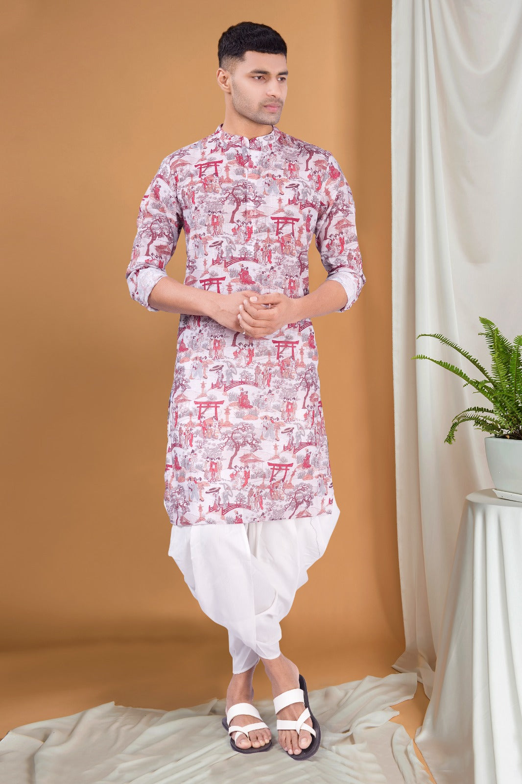 Cider Brown Tropical Paradise Kurta Peshawari Set