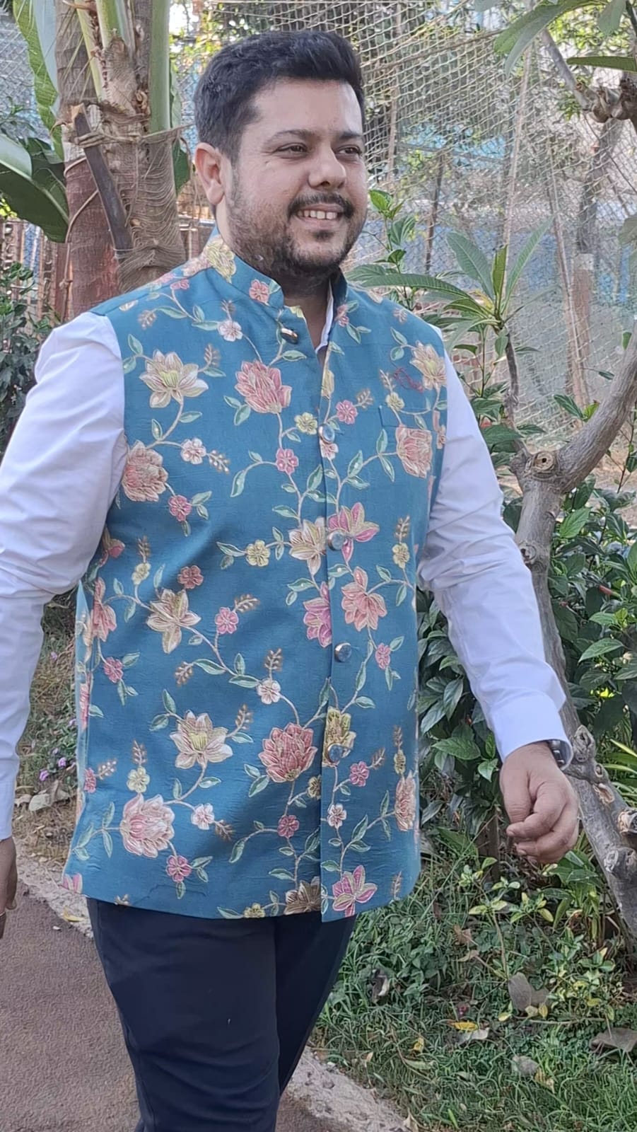 Forest Green Printed Nehru Jacket