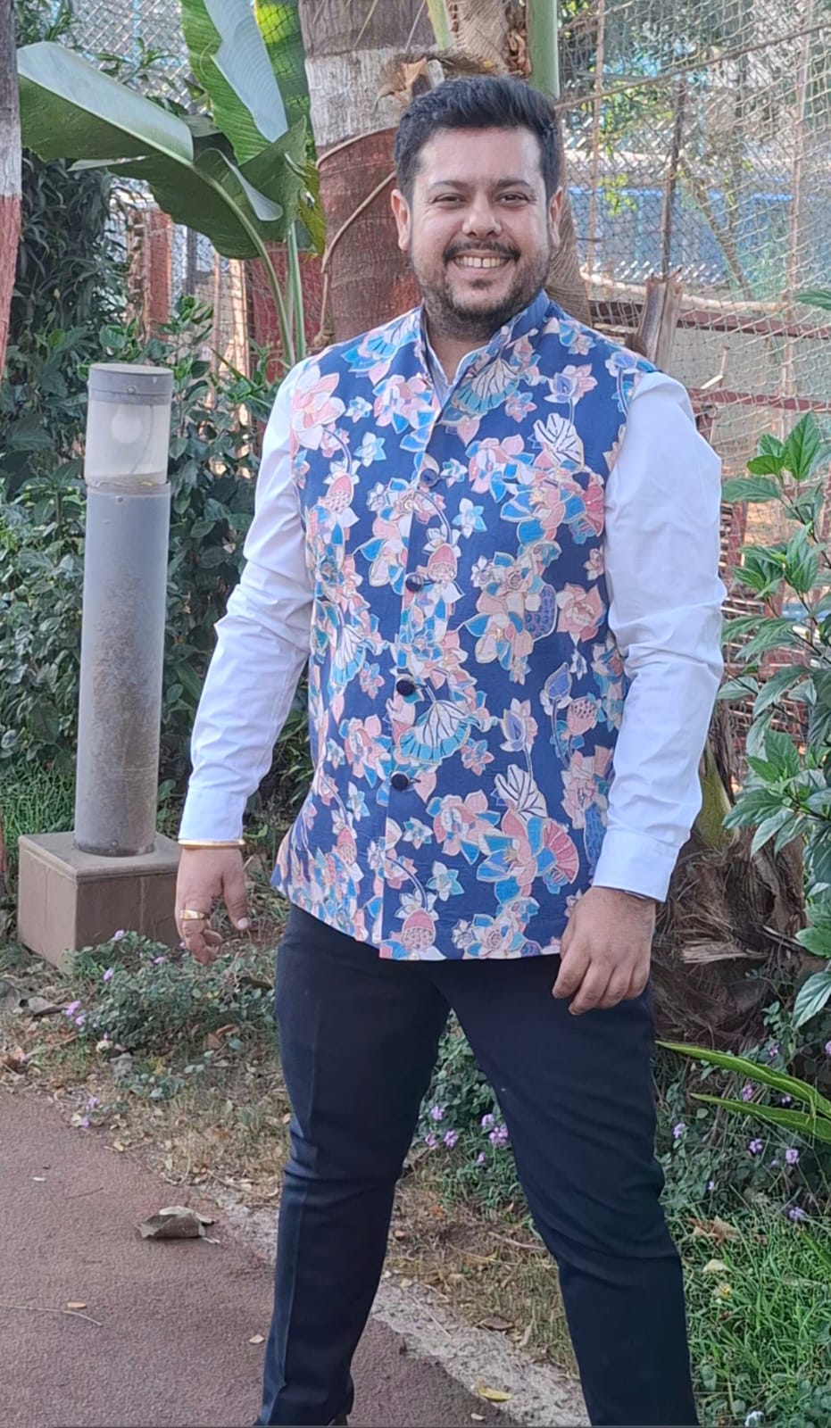 Azure Blue Floral Printed Nehru Jacket