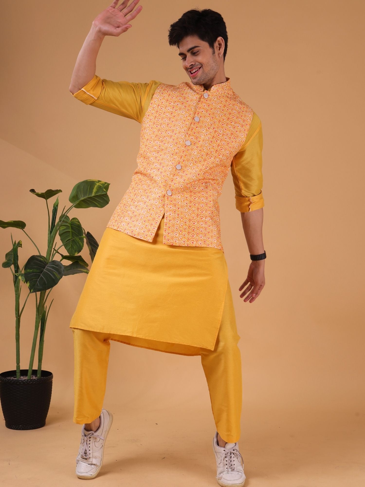 Shine Of Yellow Ikat Print  Linen Cotton Nehru Jacket