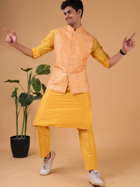 Shine Of Yellow Ikat Print  Linen Cotton Nehru Jacket