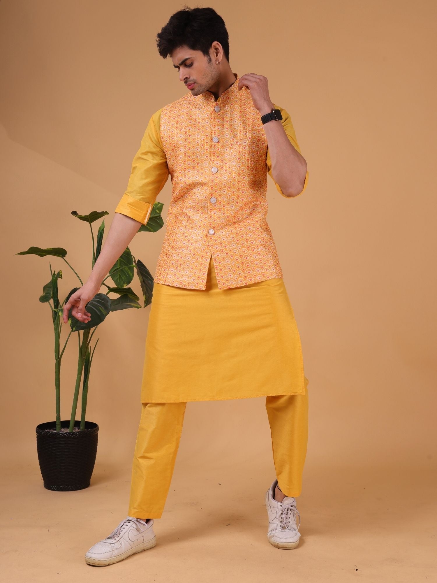 Shine Of Yellow Ikat Print  Linen Cotton Nehru Jacket