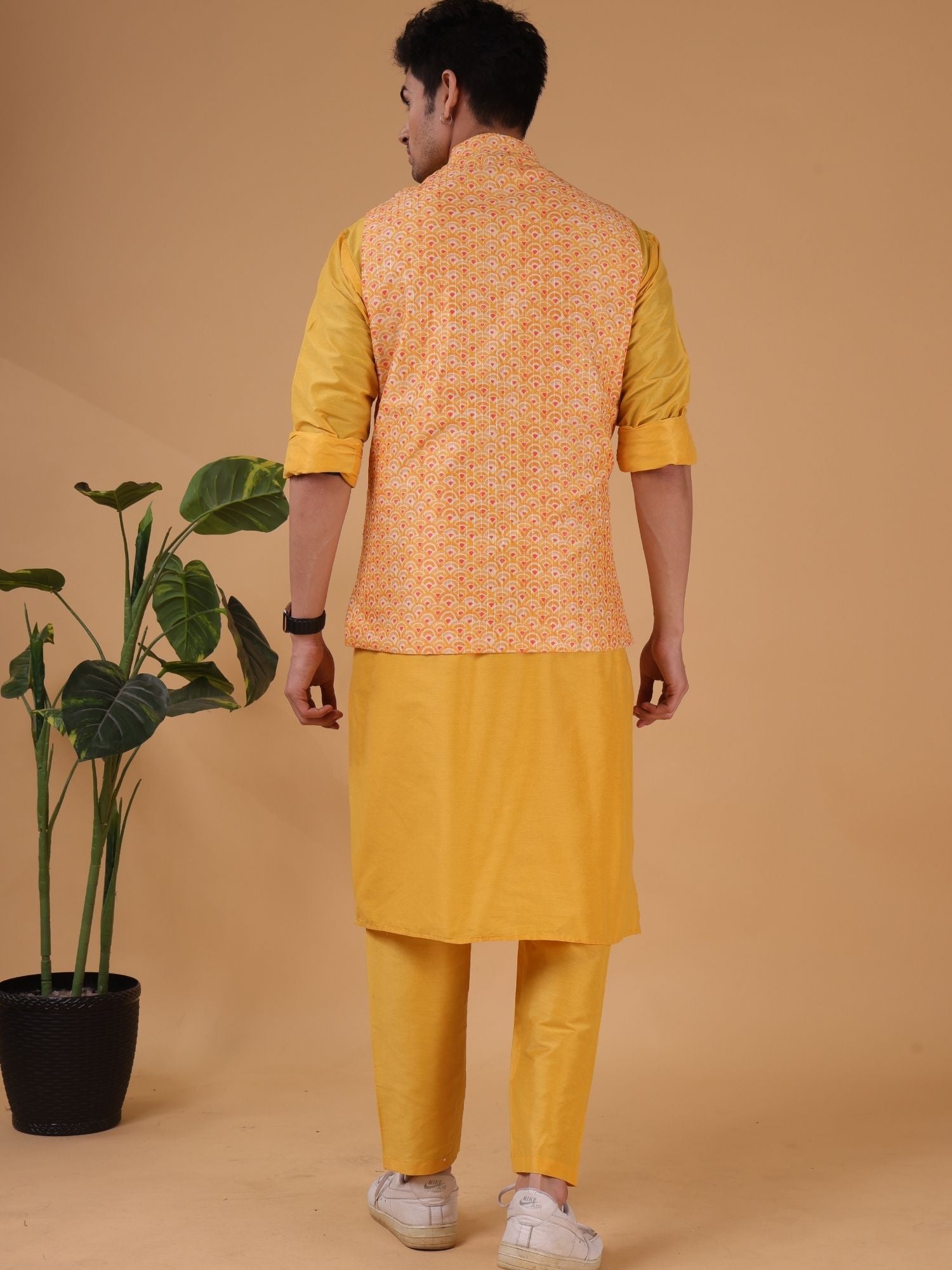 Shine Of Yellow Ikat Print  Linen Cotton Nehru Jacket