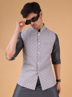 Metal Grey Solid Pattern Cotton Silk Kurta Jacket Set