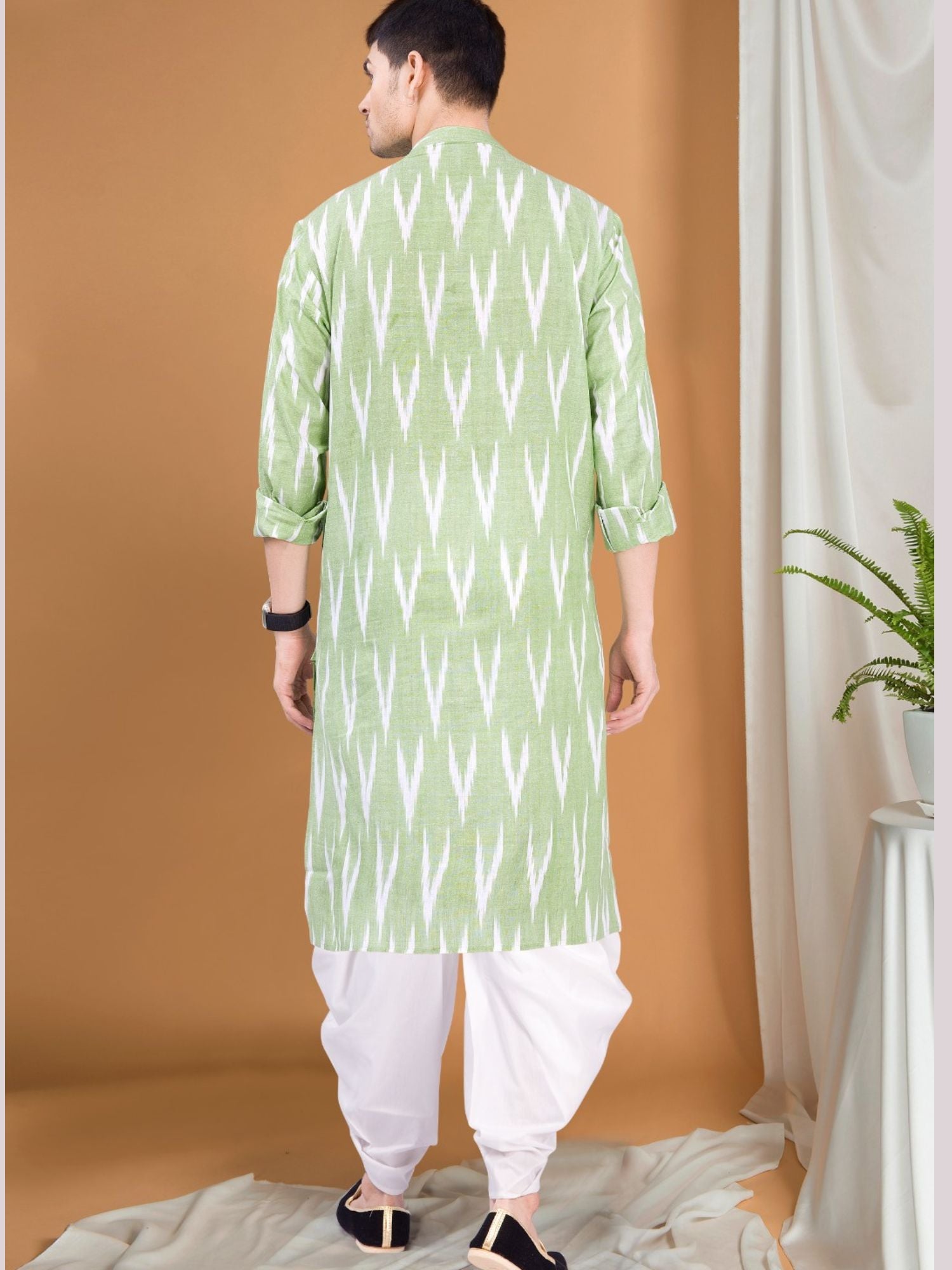 Tropical Green Ikat Print Kurta Peshawari  Set