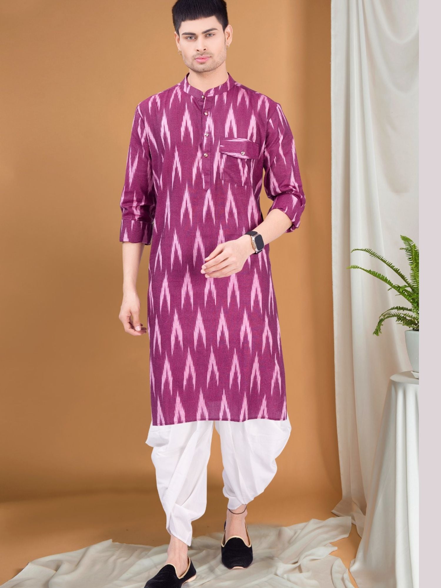 Rich Maroon Ikat Print Kurta Peshawari  Set