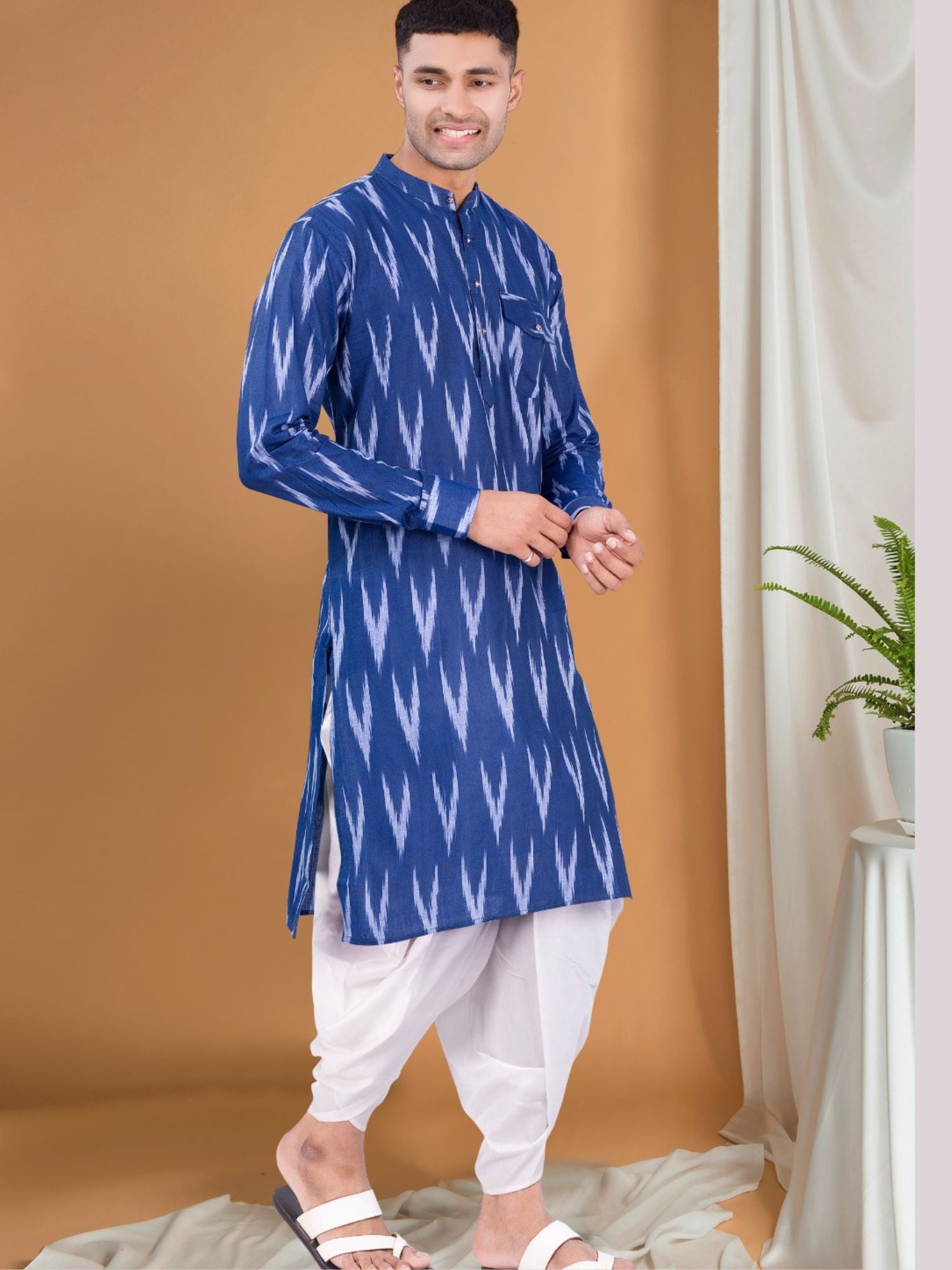 Iris Blue Ikat Print  Kurta Peshawari  Set