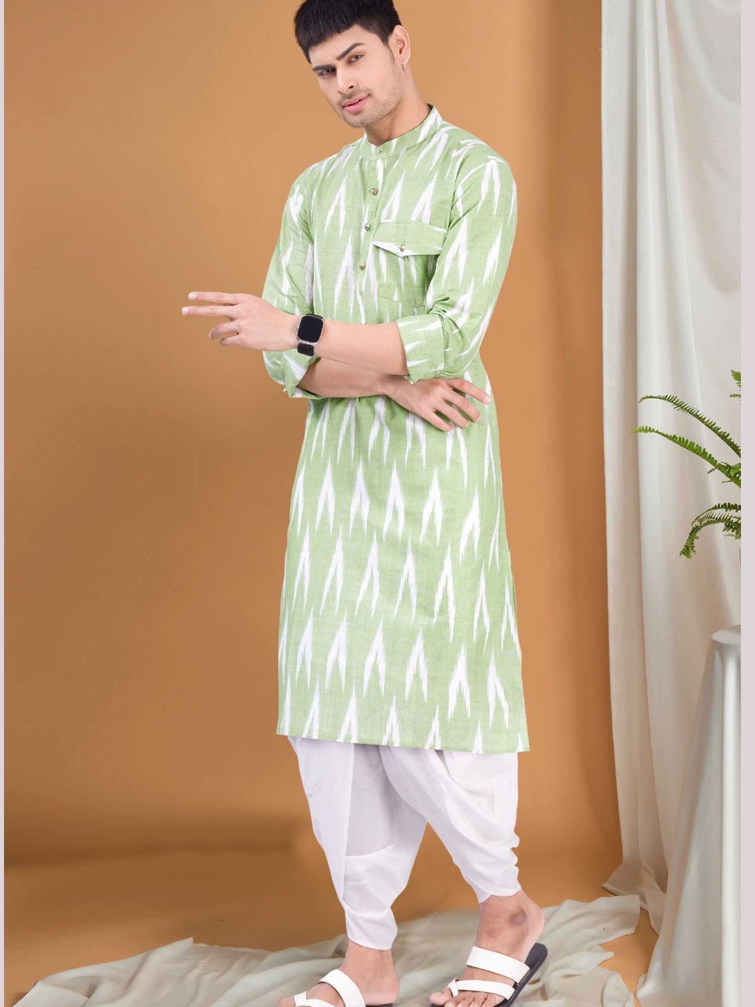 Tropical Green Ikat Print Kurta Peshawari  Set