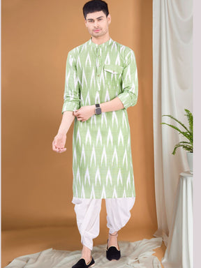 Tropical Green Ikat Print Kurta Peshawari  Set