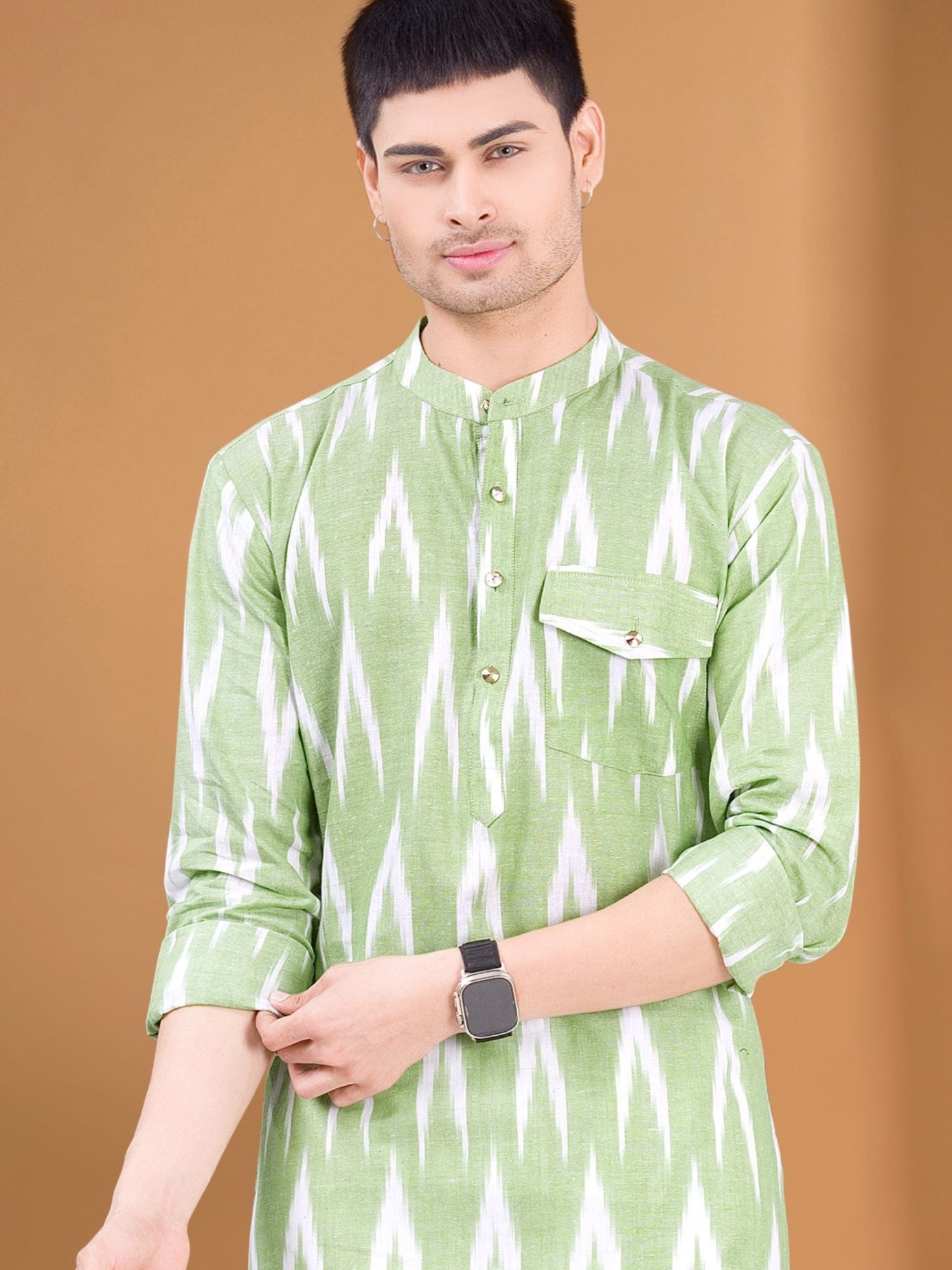 Tropical Green Ikat Print Kurta Peshawari  Set