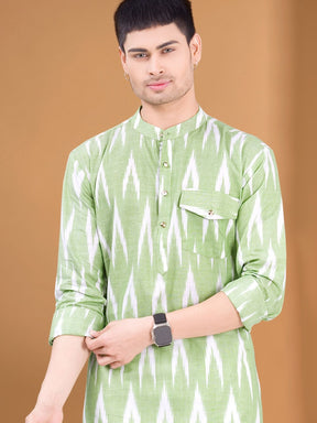 Tropical Green Ikat Print Kurta Peshawari  Set