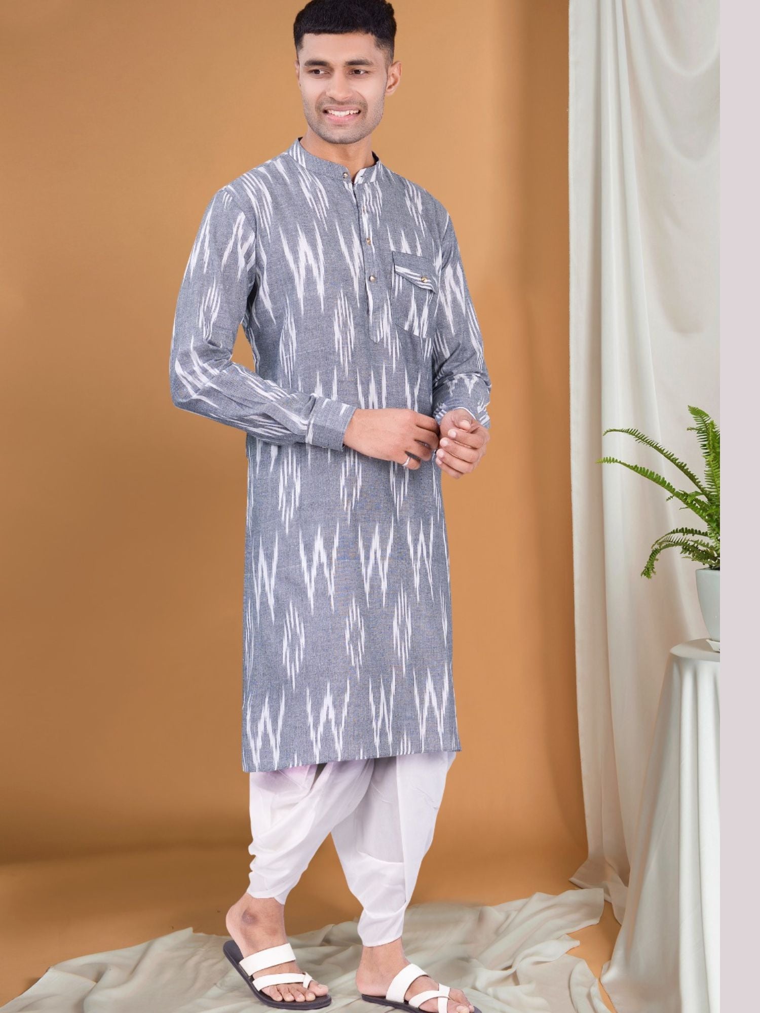 Metal Grey Ikat Print Kurta Peshawari Set