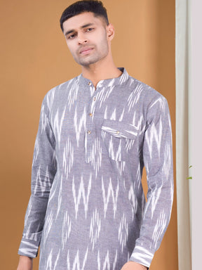 Metal Grey Ikat Print Kurta Peshawari Set